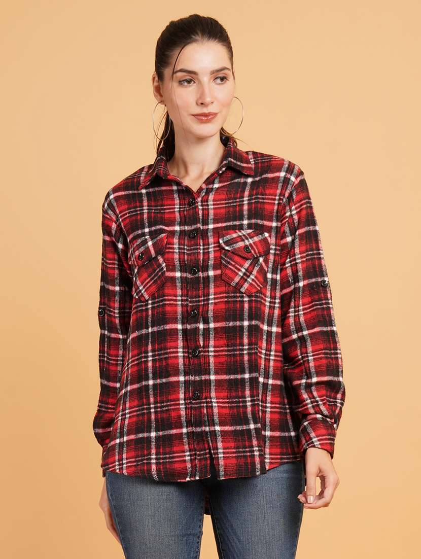 women red checks long sleeves oversized shirt