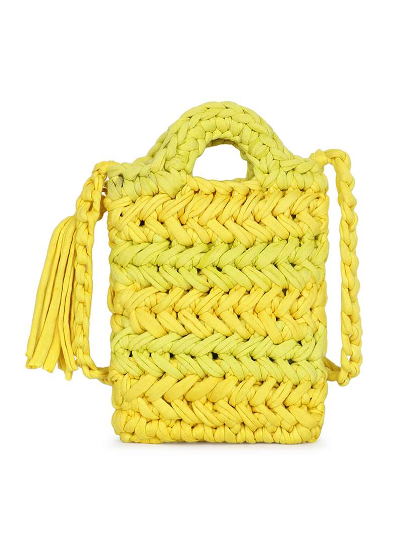 yellow self design sling bag