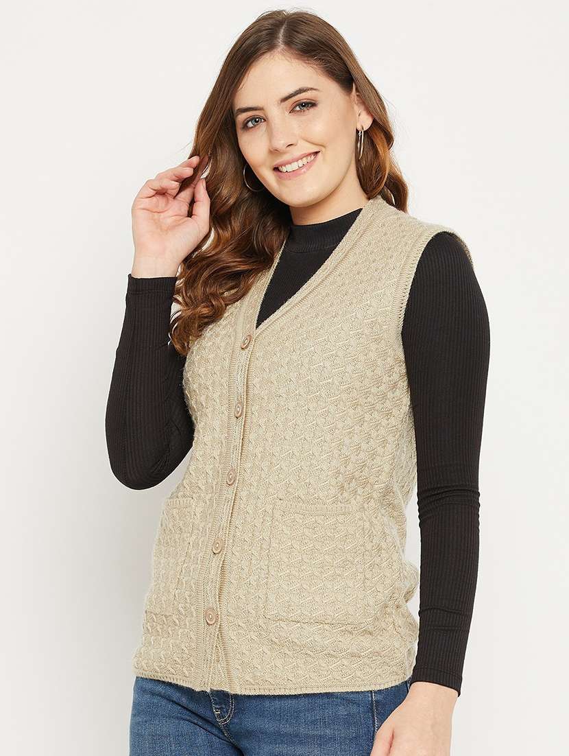 women self design sleeveless cardigan - 21574854 - Standard Image - 2