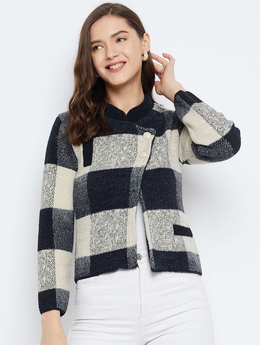 women checkered long sleeve cardigan