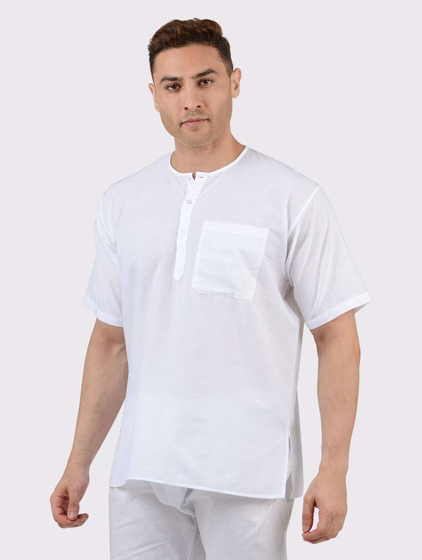 men solid short sleeves slim fit round neck short kurta