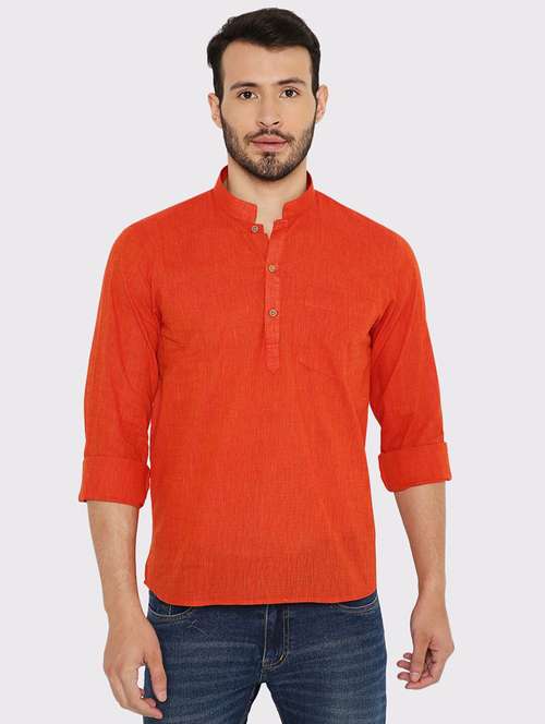 men solid long sleeves regular fit short kurta