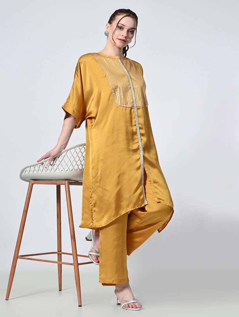 women mustard solid kurta palazzo set - 21575486 - Standard Image - 2