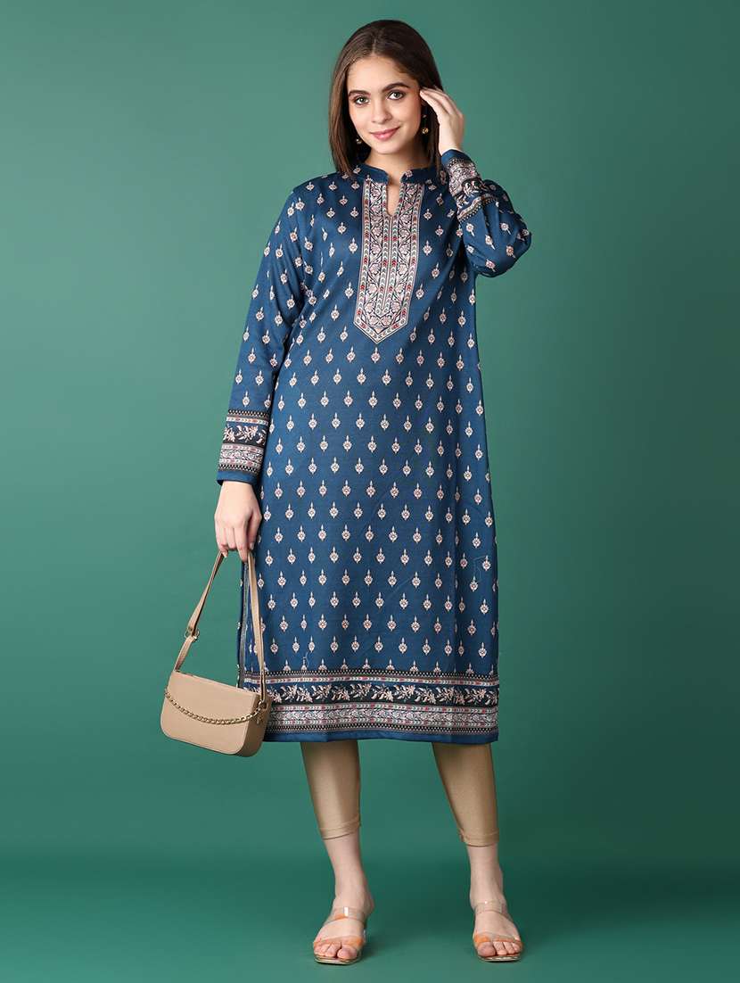 women mandarin neck printed woolen kurta