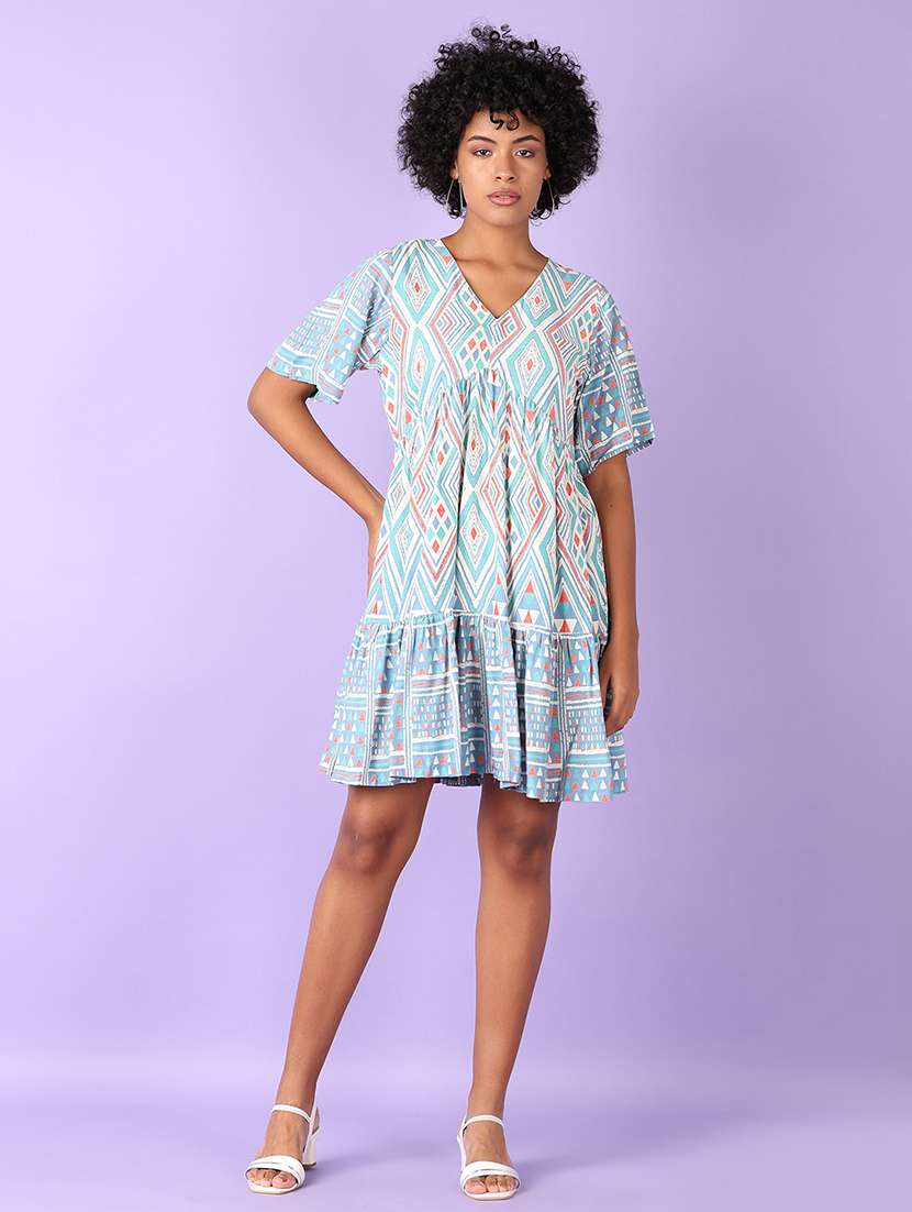 women light blue printed v neck tiered dress - 21575582 -  Standard Image - 2