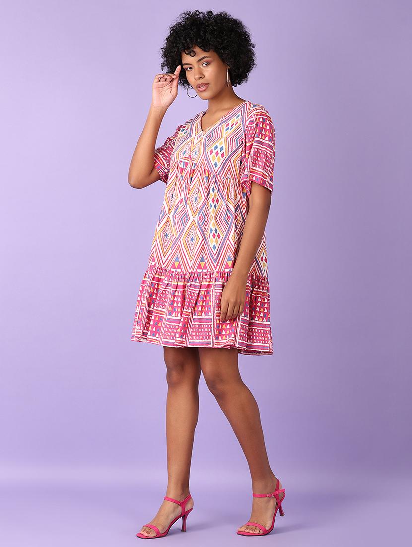 women pink printed v neck tiered dress - 21575583 - Standard Image - 2