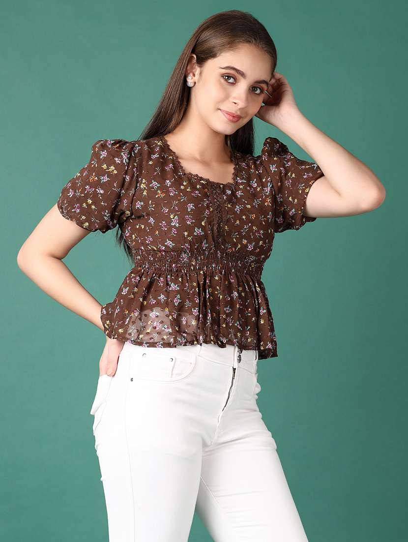 women brown floral printed puff sleeve top - 21575597 -  Standard Image - 2