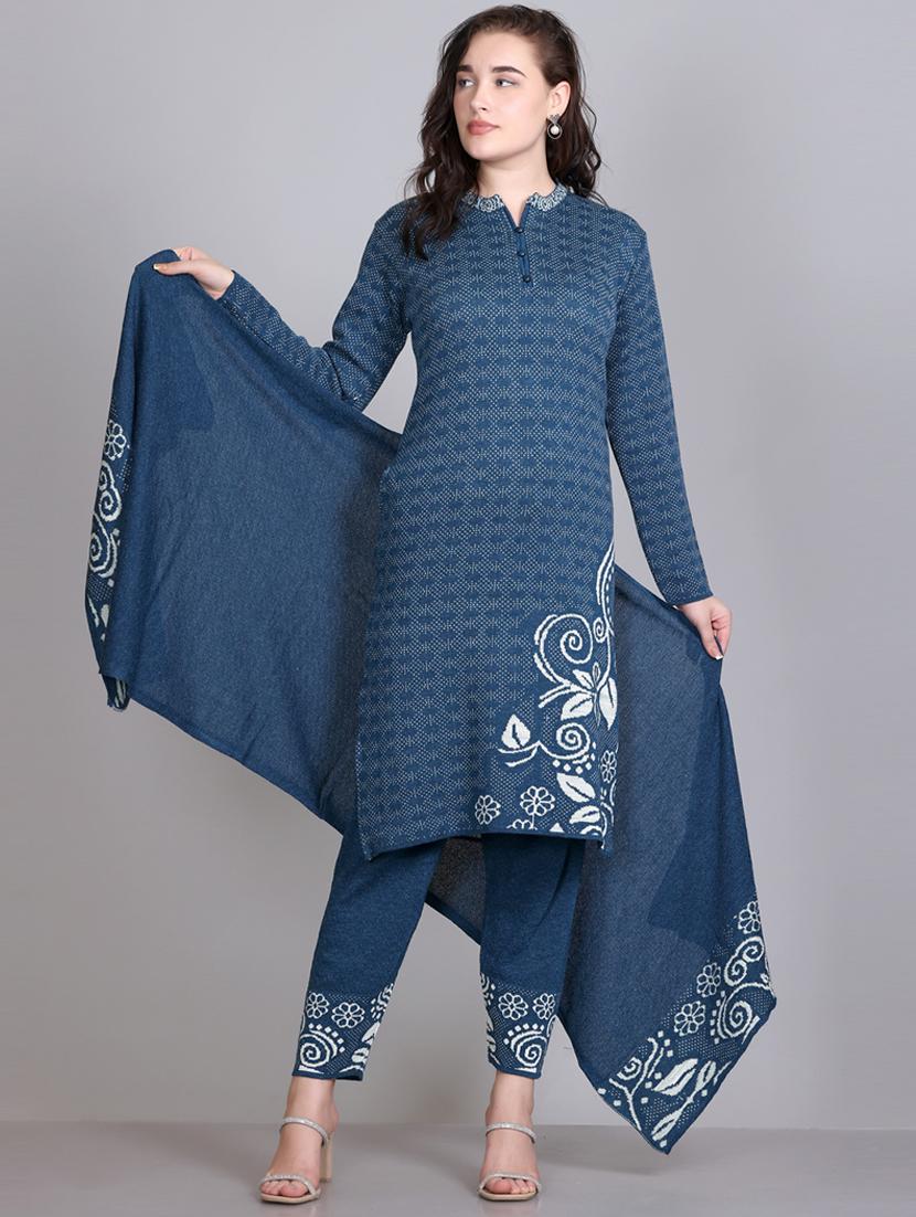 women self design long sleeve woollen suit set - 21577259 - Standard Image - 2