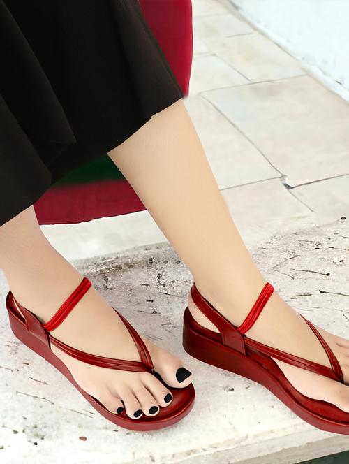 women maroon open thong wedge - 21577291 -  Standard Image - 0