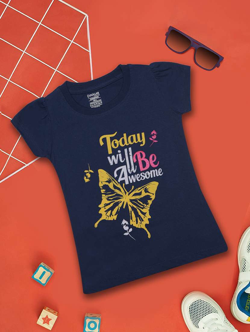 girls front print round neck t-shirt