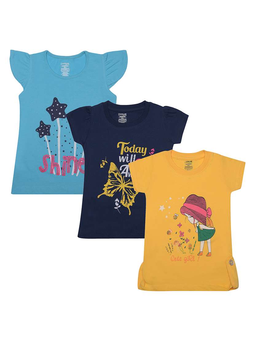 girls pack of 3 front print round neck t-shirt