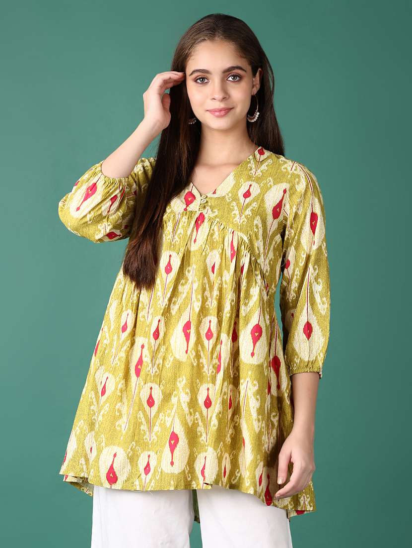 women lime printed v neck flared kurti