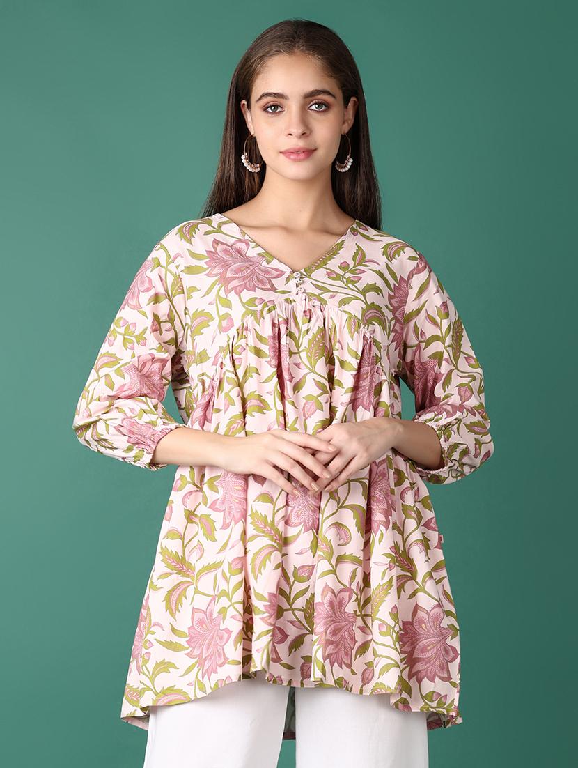 women cream floral v neck flared kurti