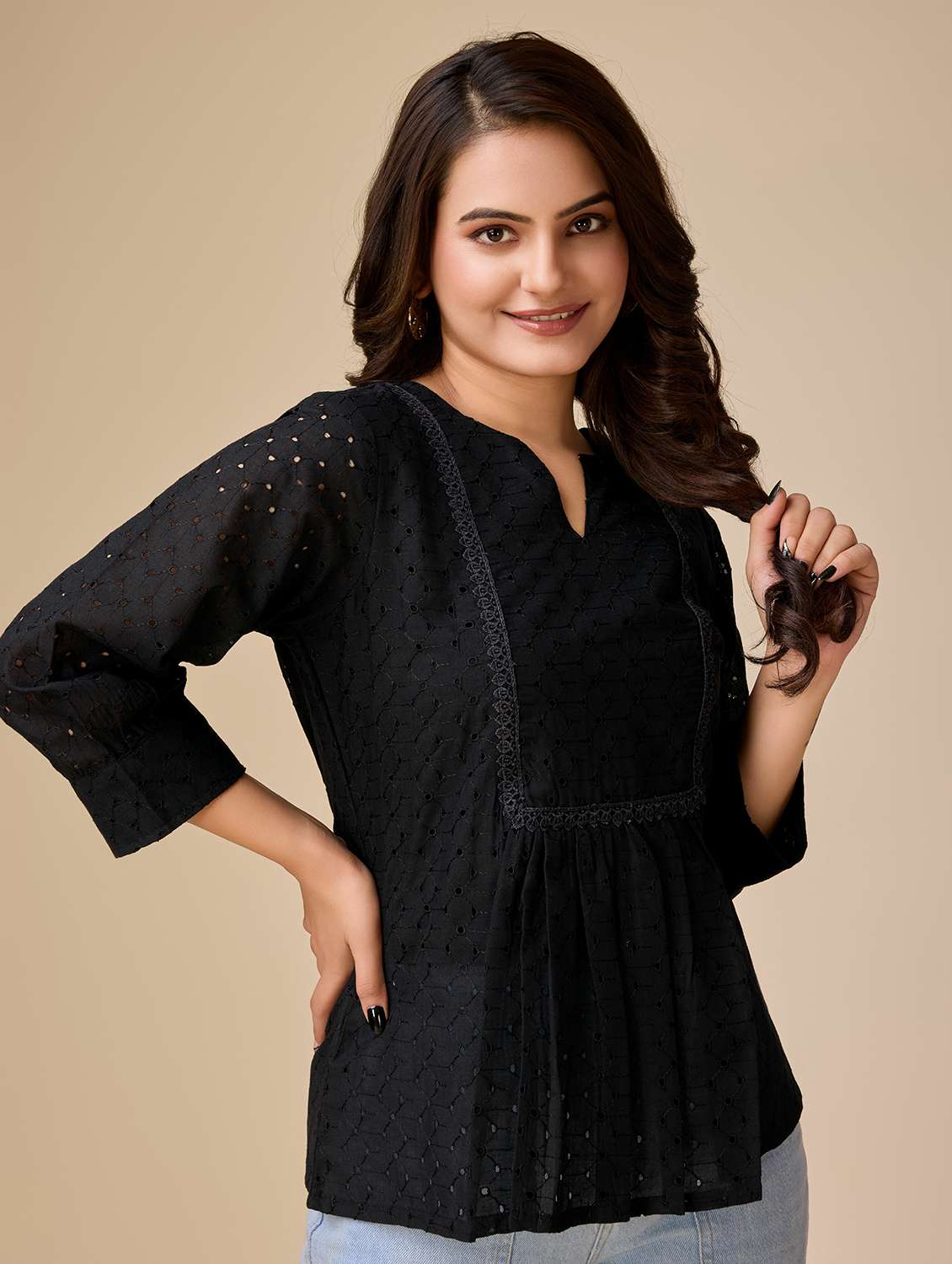 women self design three quarter sleeves a-line top - 21579436 - Standard Image - 2
