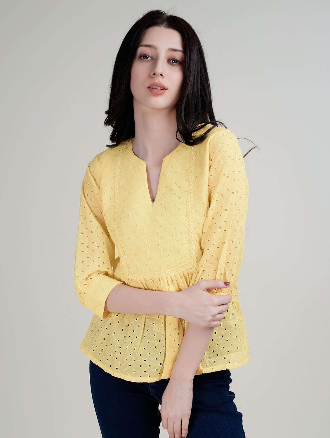 women notch neck lace detailed schiffli peplum top - 21579439 - Standard Image - 2