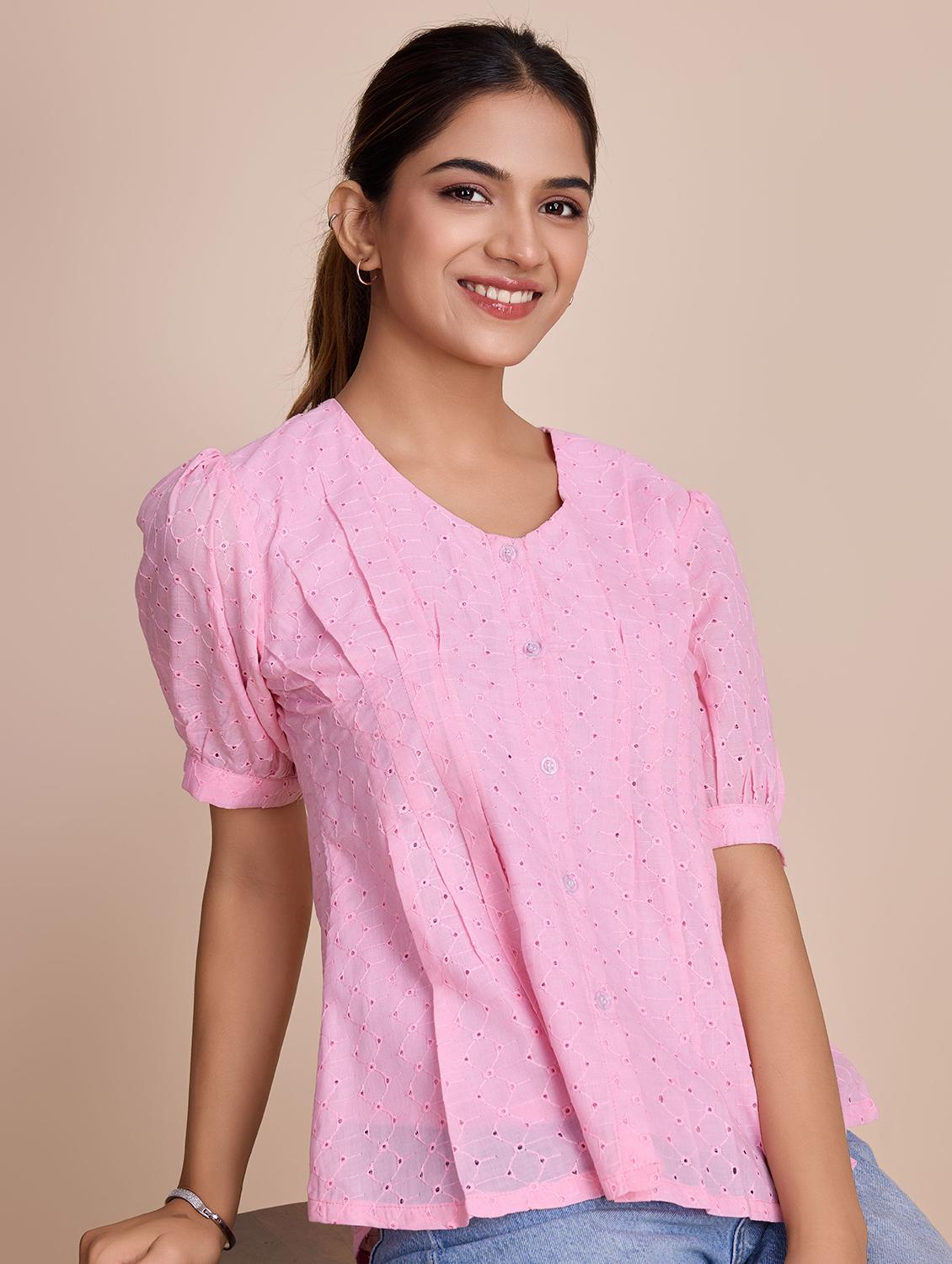 women self design short sleeves a-line top - 21579444 - Standard Image - 2