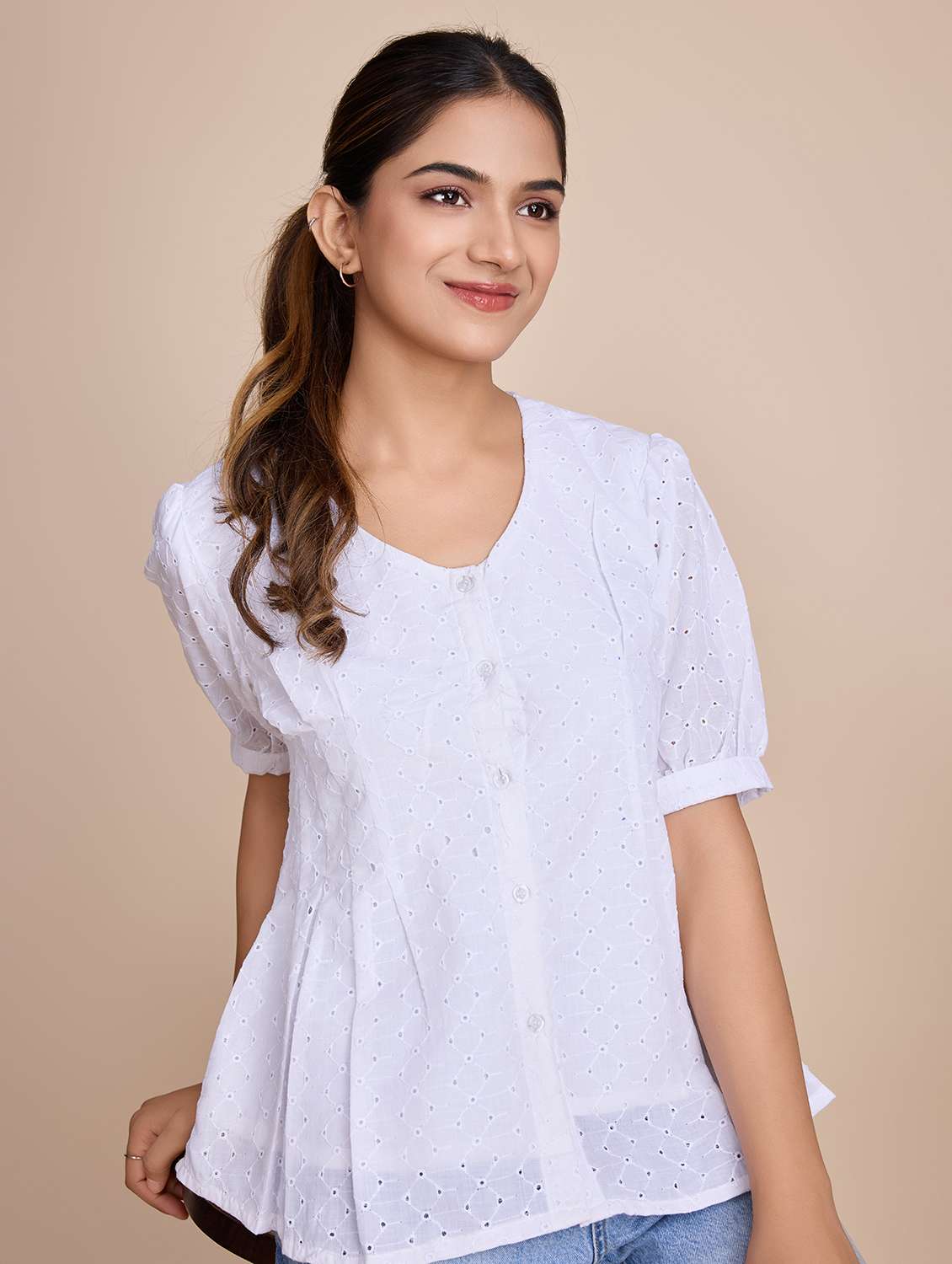 women self design short sleeves a-line top