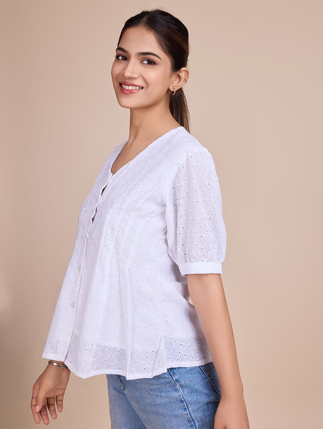 women self design short sleeves a-line top - 21579445 - Standard Image - 2