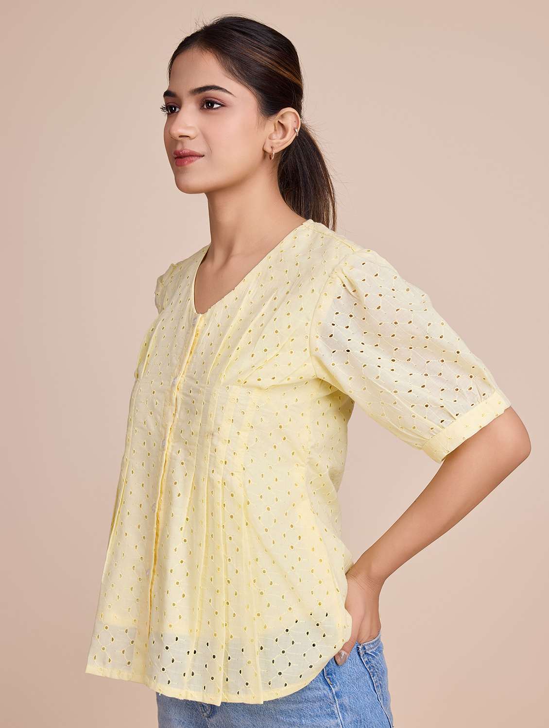 women self design short sleeves a-line top - 21579446 - Standard Image - 2