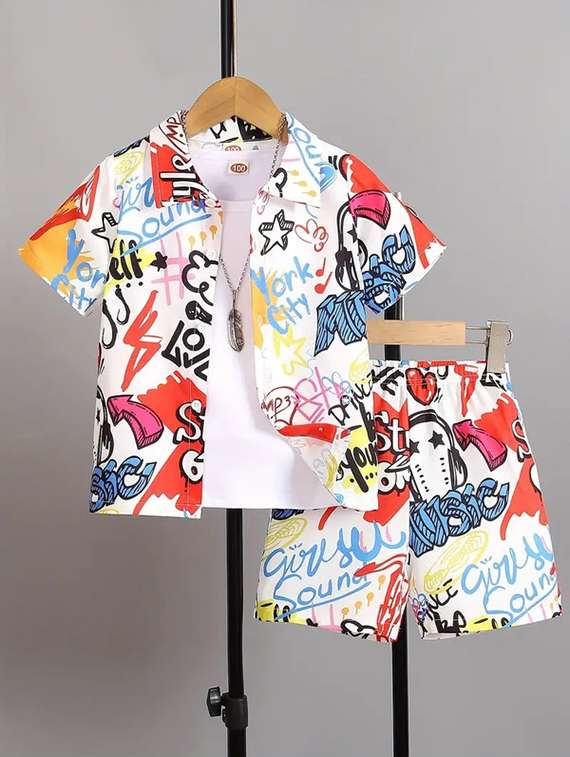 boys printed short sleeves shirt & shorts set