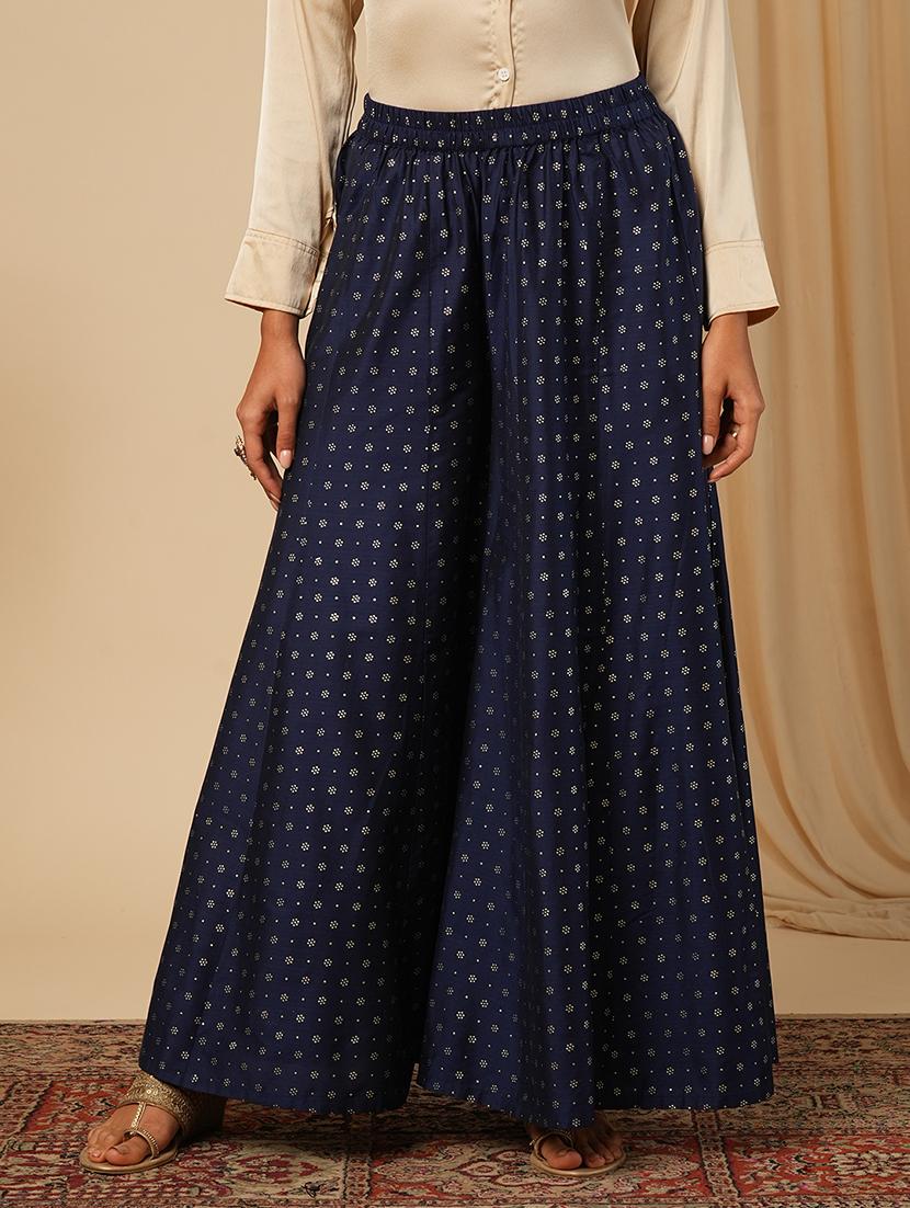 globus women blue ethnic motifs silver foil print elasticated flared festive kali palazzos - 21579801 -  Zoom Image - 0