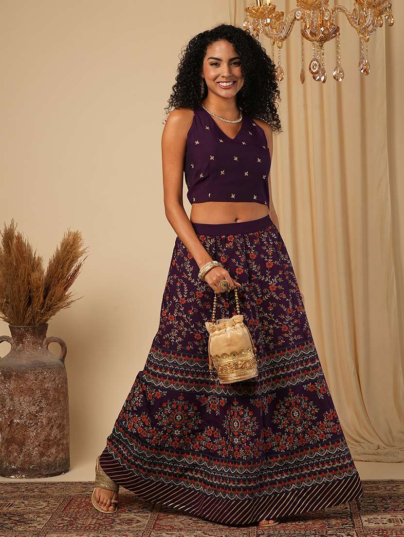 globus women purple halter neck embroidered stylised back blouse with floral print lehenga festive co-ord set