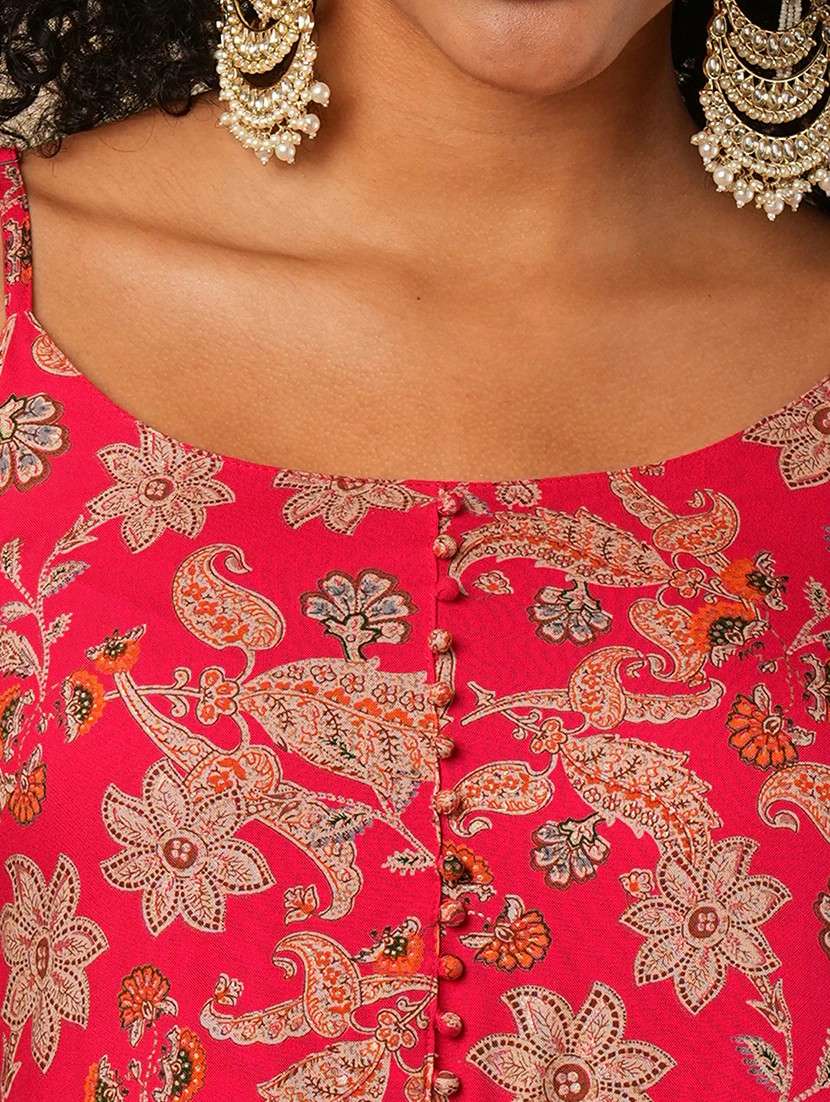 globus women pink strappy shoulder floral paisley printed gotta lace detail kali panelled top with sharara fusion co-ord set - 21579813 -  Standard Image - 2