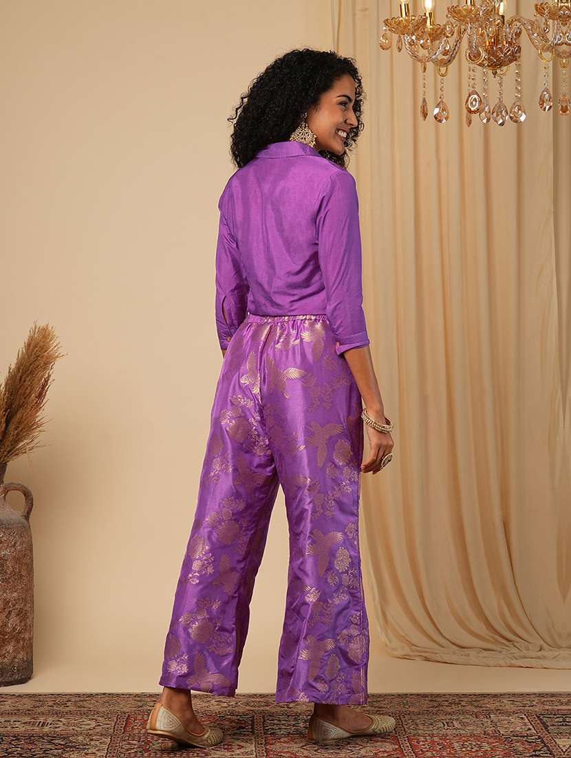 globus women purple cuffed sleeves solid tie-up detail crop shirt fusion co-ord set - 21579820 - Standard Image - 2