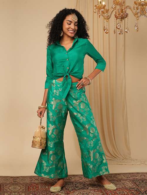 globus women green cuffed sleeves solid tie-up detail crop shirt with brocade floral woven design flared pants fusion co-ord set - 21579821 -  Standard Image - 0