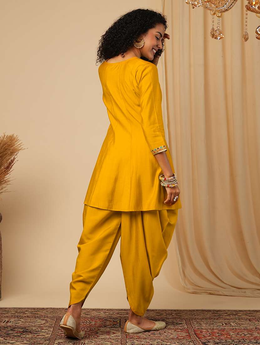 globus women yellow floral sequinned & embroidered yoke a-line peplum top with dhoti pants fusion co-ord set - 21579823 - Standard Image - 2