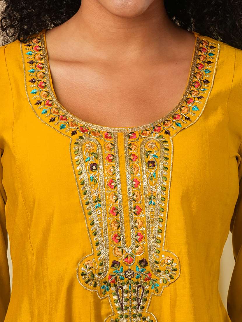 Globus Women Yellow Floral Sequinned & Embroidered Yoke A Line Peplum Top With Dhoti Pants Fusion Co Ord Set