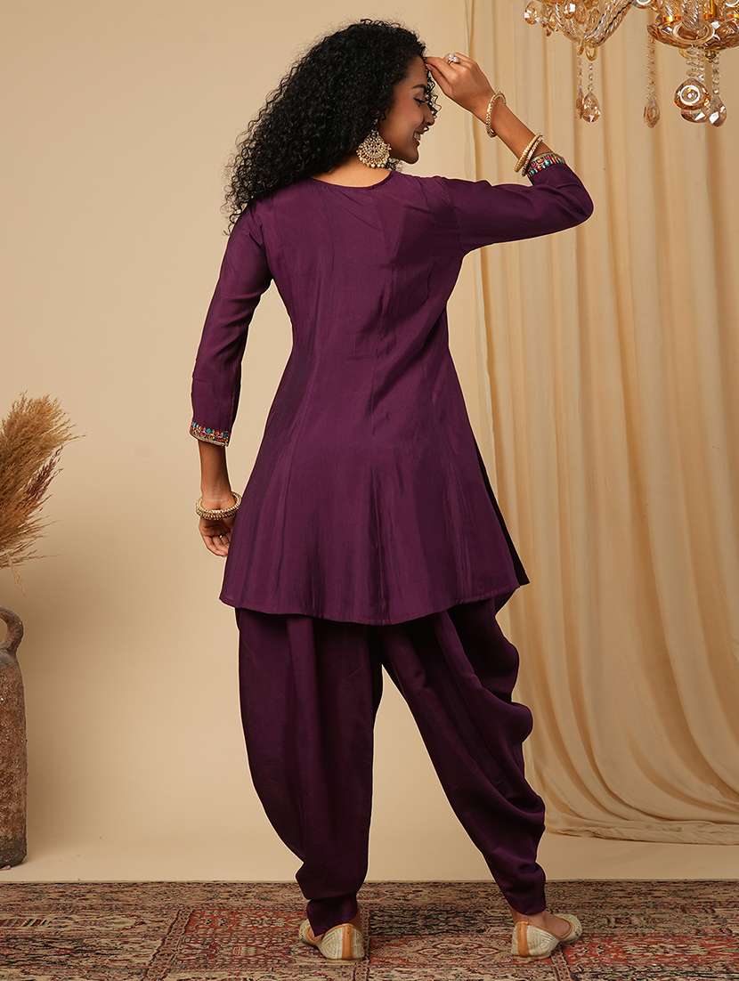 globus women purple floral sequinned & embroidered yoke a-line peplum top with dhoti pants fusion co-ord set - 21579824 - Standard Image - 2