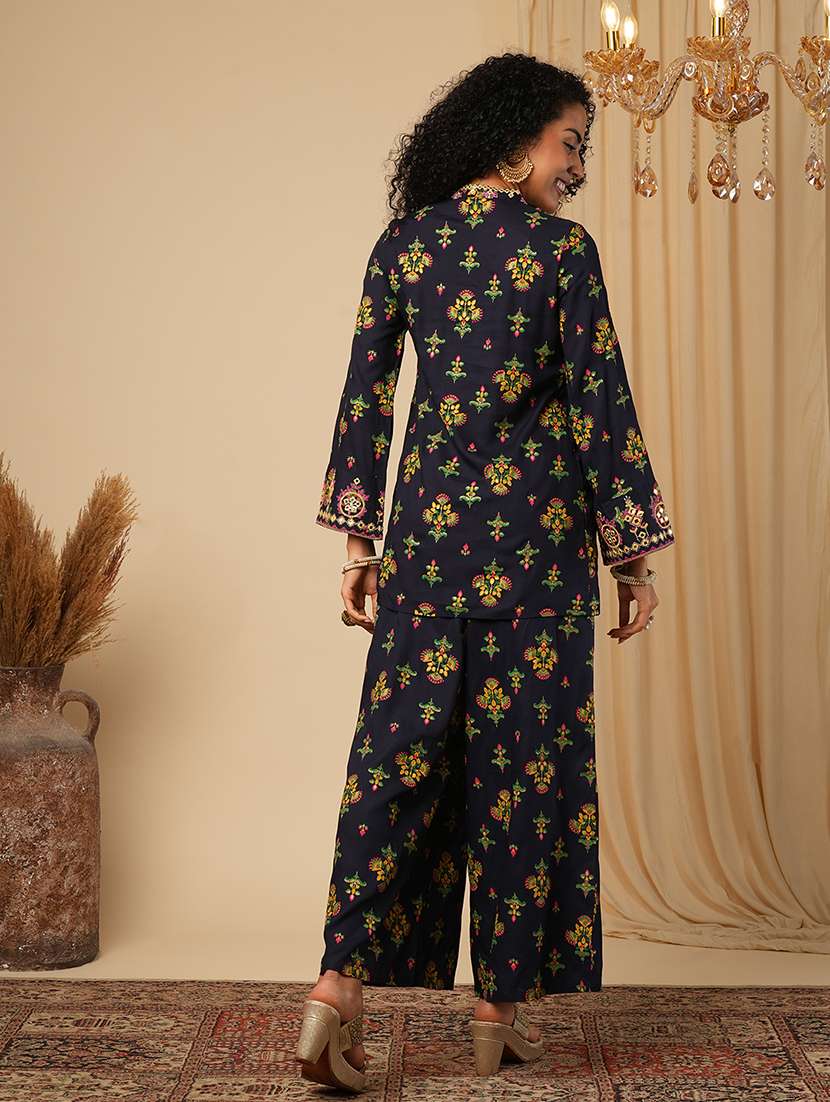 globus women blue embroidery detail mirror work ethnic motifs bell sleeves front slit top with pants fusion co-ord set - 21579825 - Standard Image - 2