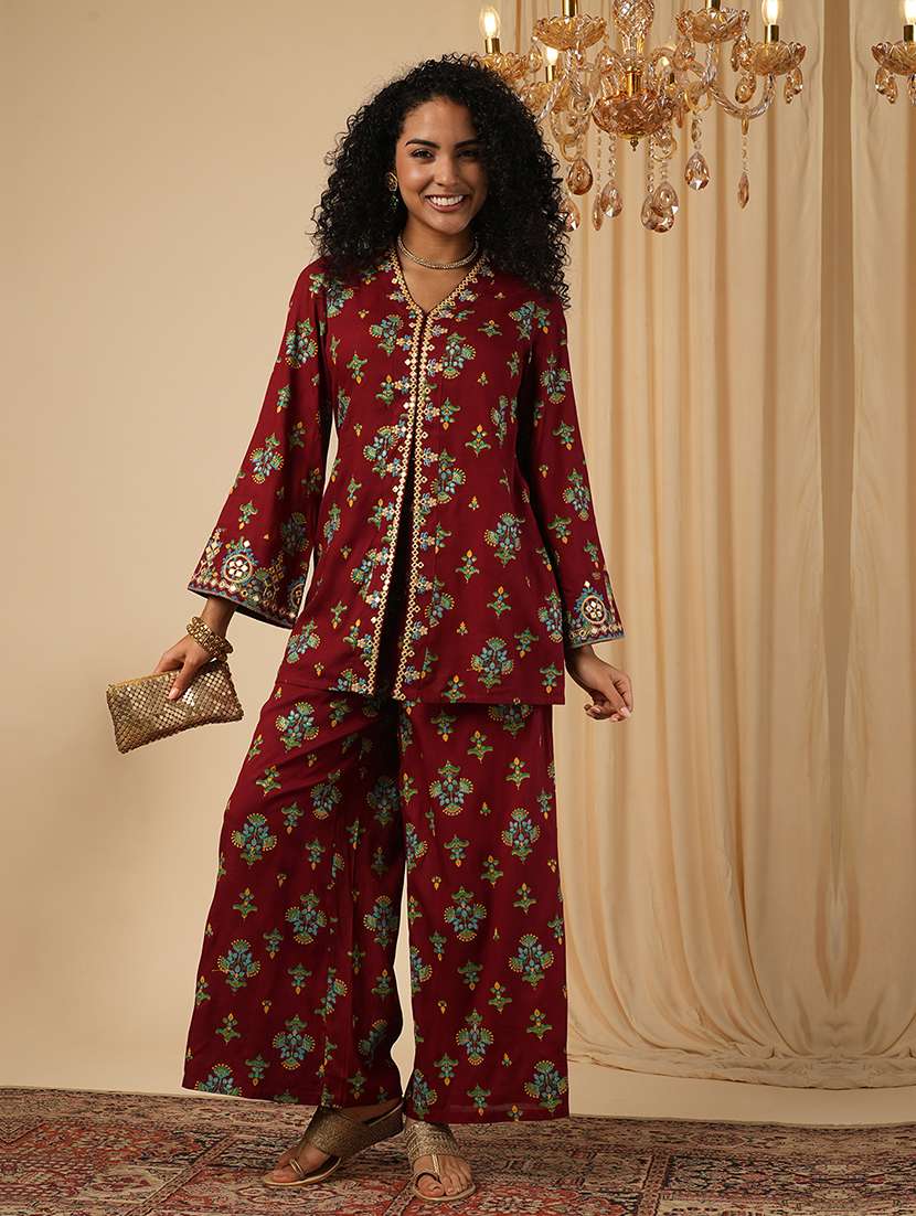 globus women maroon embroidery detail mirror work ethnic motifs bell sleeves front slit top with pants fusion co-ord set