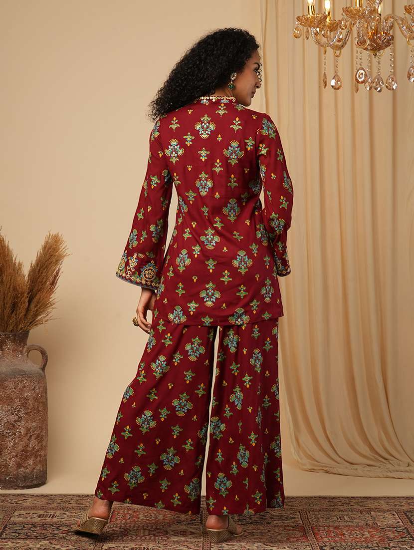 globus women maroon embroidery detail mirror work ethnic motifs bell sleeves front slit top with pants fusion co-ord set - 21579826 - Standard Image - 2