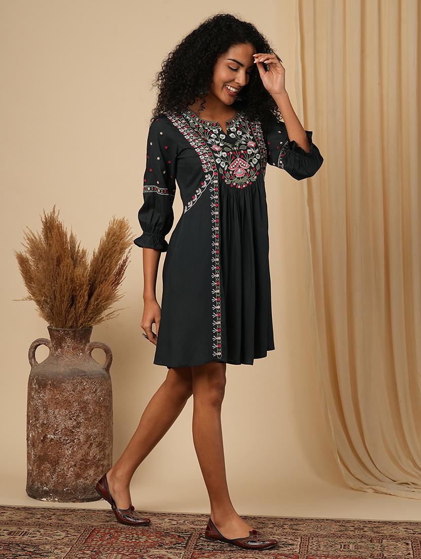 globus women green floral embroidered yoke a-line pleated panelled mini fusion dress - 21579833 - Standard Image - 2
