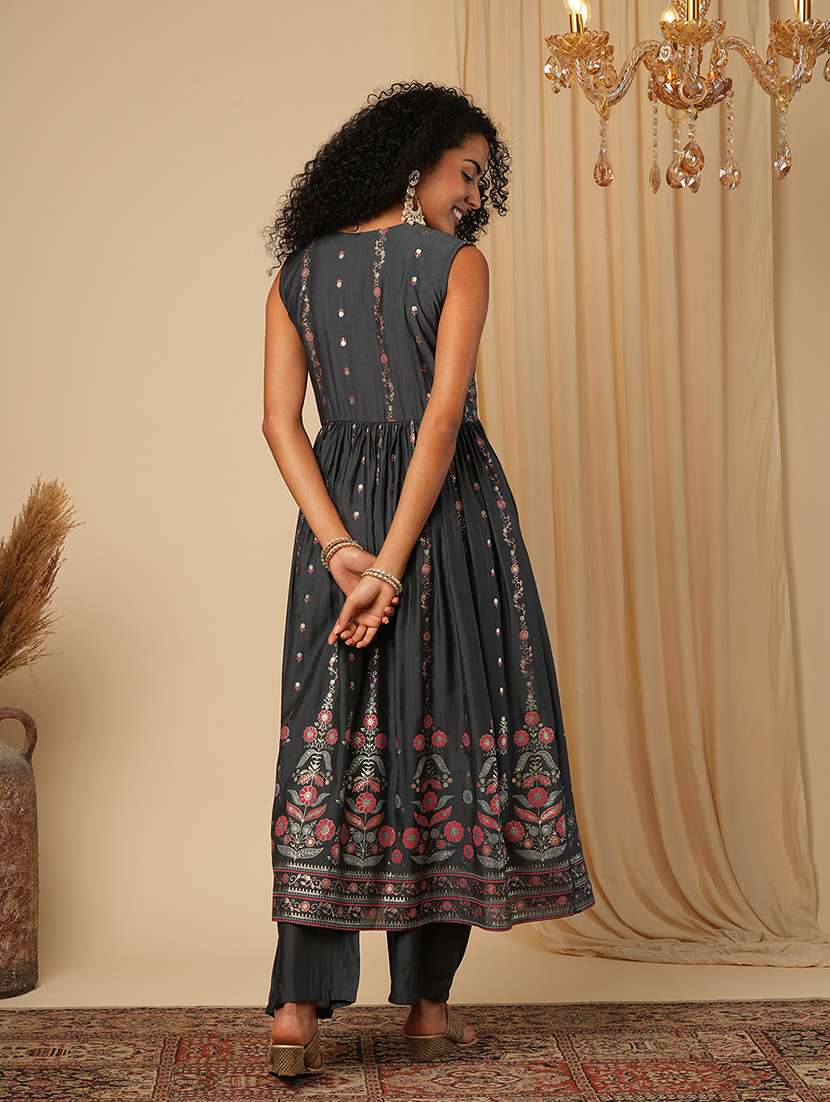 globus women grey embroidered yoke floral detailing foil print kurta & wide leg trousers festive set - 21579839 -  Standard Image - 2