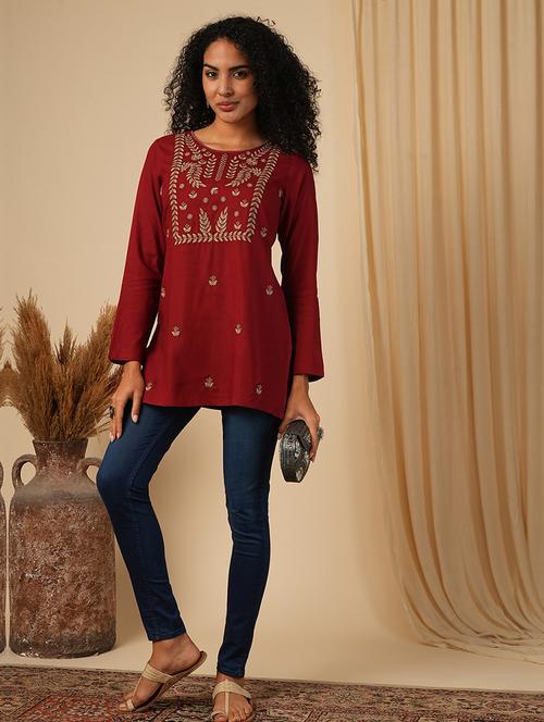 globus women maroon embroidered yoke neck ethnic print workwear tunic - 21579854 -  Standard Image - 0