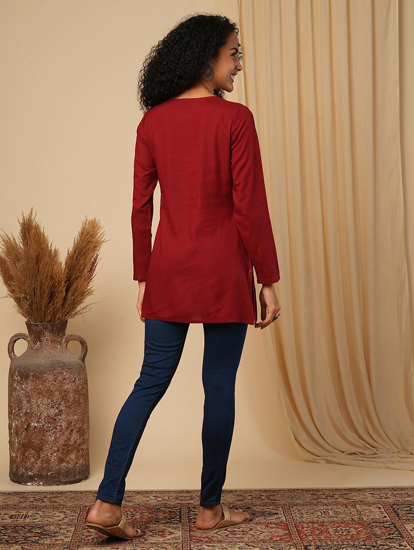 globus women maroon embroidered yoke neck ethnic print workwear tunic - 21579854 - Standard Image - 2