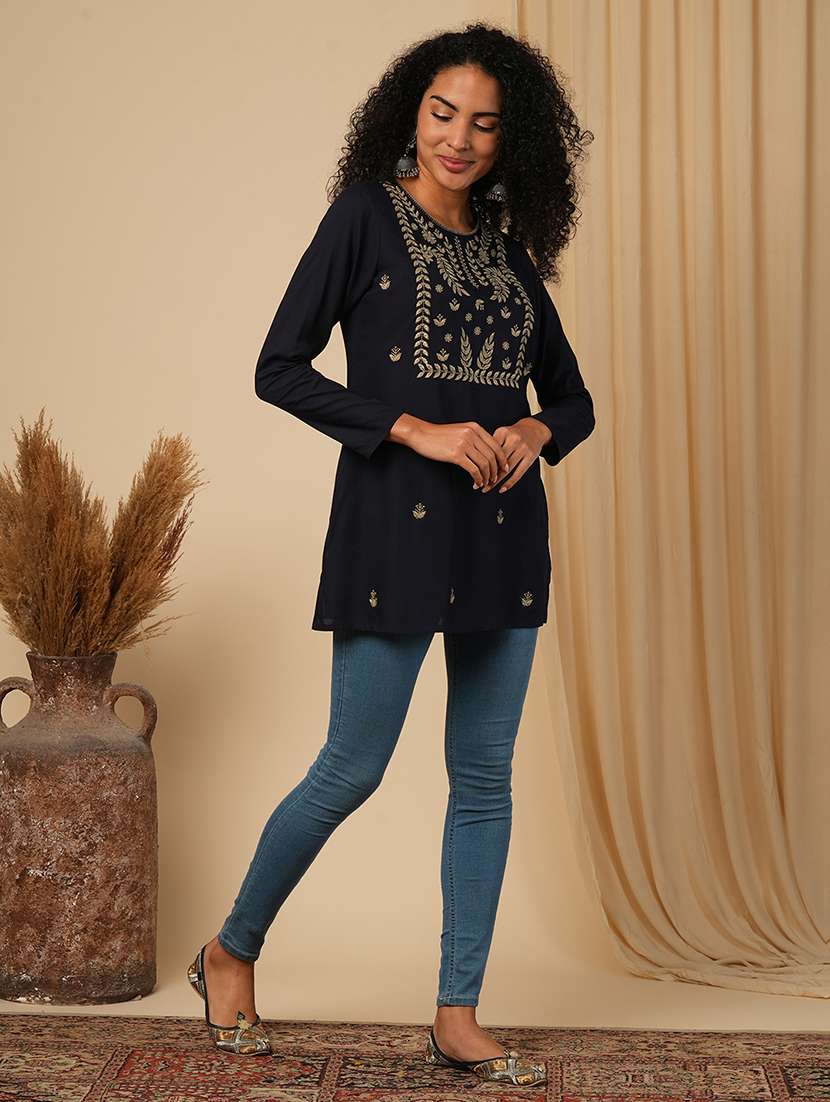 globus women blue yoke embroidered yoke neck ethnic print workwear tunic