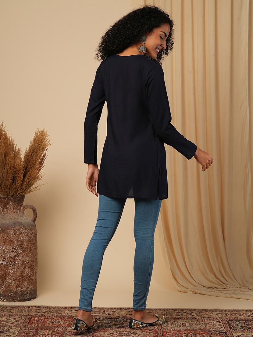 globus women blue yoke embroidered yoke neck ethnic print workwear tunic - 21579855 - Standard Image - 2