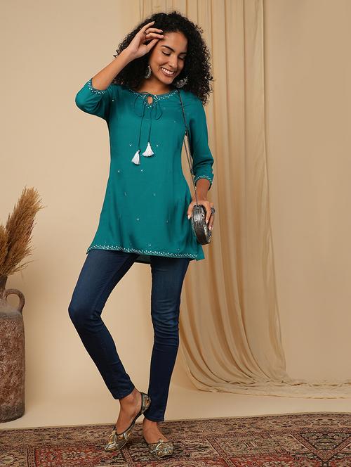 globus women turquoise blue embellished tie -up v-neck workwear tunic - 21579856 - Standard Image - 0
