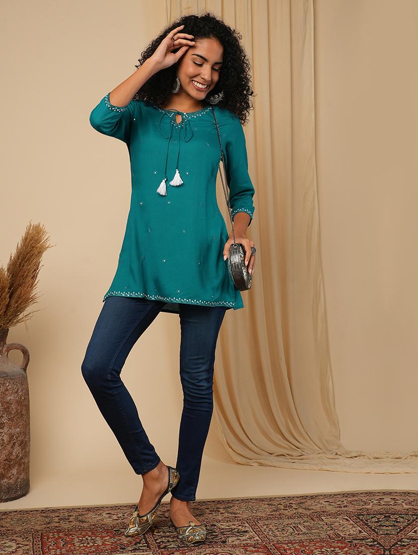 globus women turquoise blue embellished tie -up v-neck workwear tunic - 21579856 - Zoom Image - 0