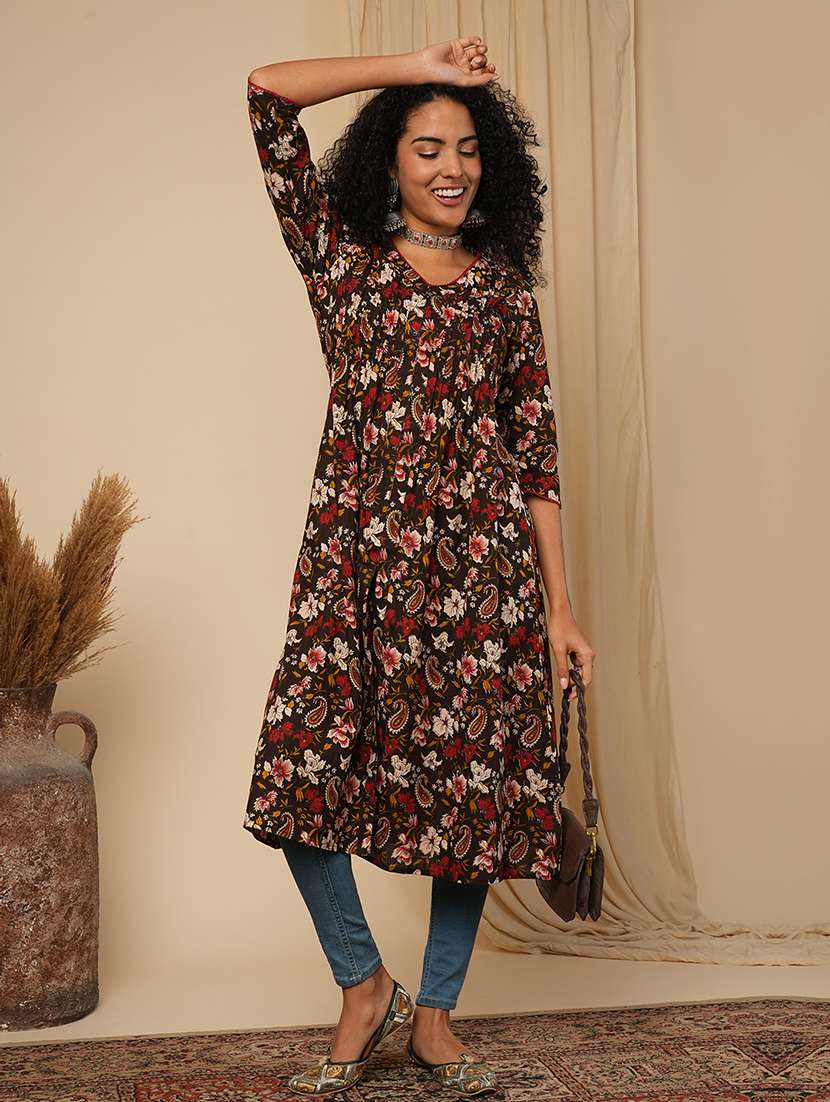 globus women brown v-neck all-over floral & paisley printed front slit pleated cotton a-line fusion kurta