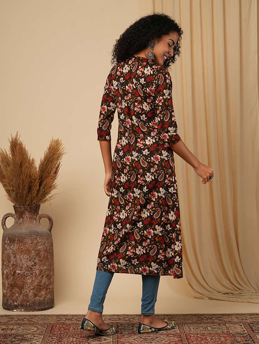 globus women brown v-neck all-over floral & paisley printed front slit pleated cotton a-line fusion kurta - 21579859 -  Standard Image - 2