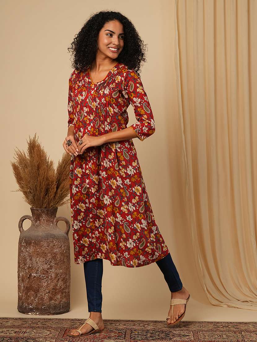 globus women maroon v-neck all-over floral & paisley printed front slit pleated cotton a-line fusion kurta