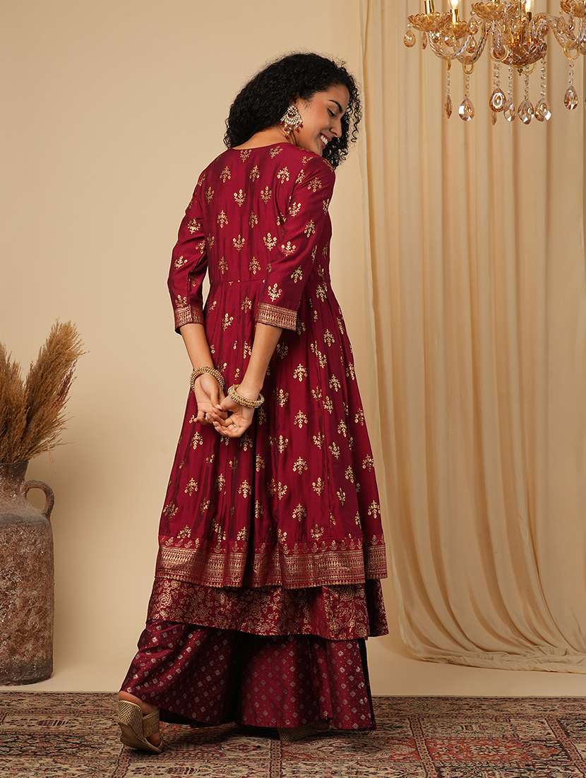 globus women maroon embroidered yoke gold foil jaal print front slit layered border detailing festive anarkali kurta - 21579861 -  Standard Image - 2