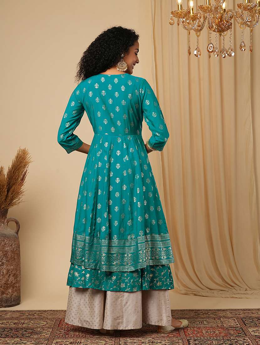globus women green embroidered yoke gold foil jaal print front slit layered border detailing festive anarkali kurta - 21579862 -  Standard Image - 2