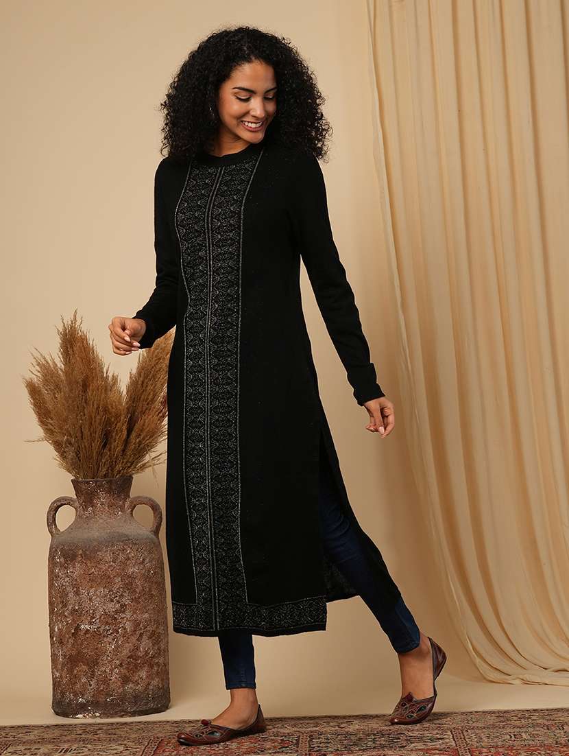 globus women black round neck full sleeves placement weave knitted loose fit calf length winter wear kurta