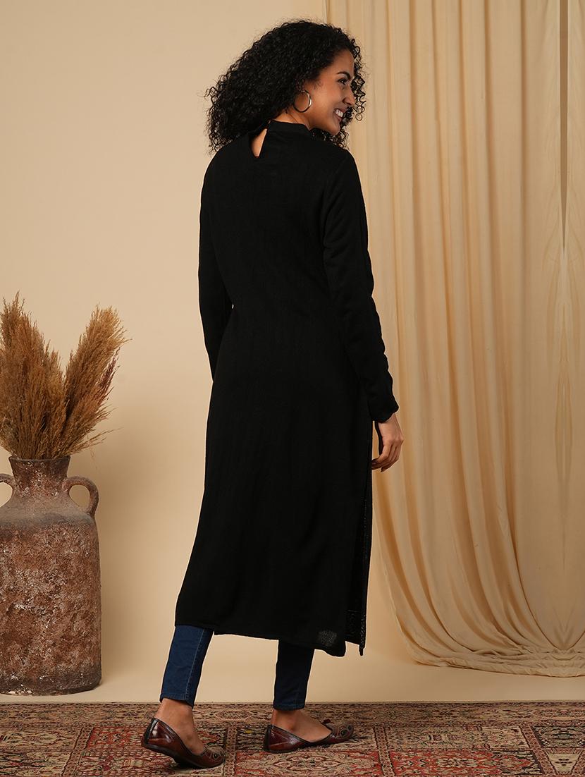 globus women black round neck full sleeves placement weave knitted loose fit calf length winter wear kurta - 21579863 - Standard Image - 2